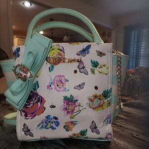 Betsey johnson mint green with butterflies and beetle broach handbag